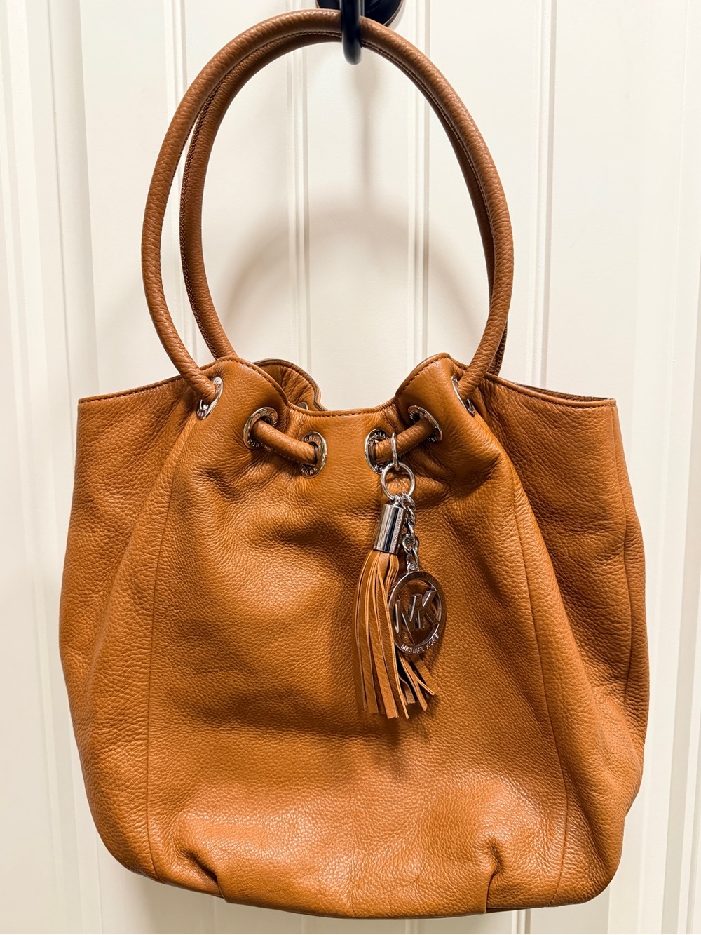 Michael Kors Cognac Genuine Leather Hobo with Tassel Charm